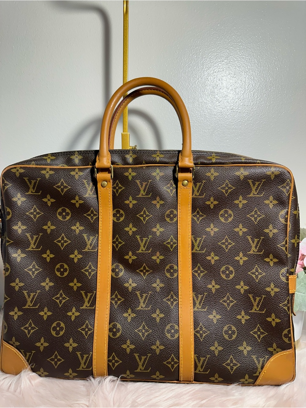 Vintage Louis Vuitton Monogram Canvas Briefcase with Tan Leather Trim